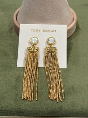 Tory Burch Gold Tassel Drop Earrings with Opalescent Discs